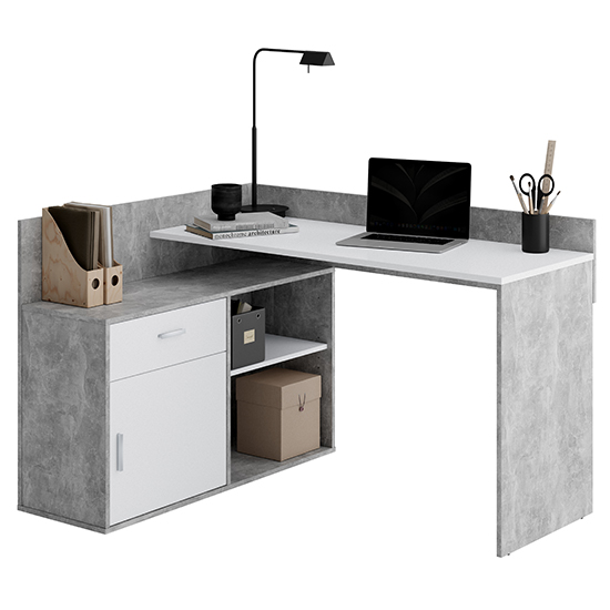 Read more about Rhyl corner wooden computer desk in concrete effect and white