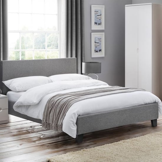 Rafiya Linen Fabric Double Bed In Light Grey