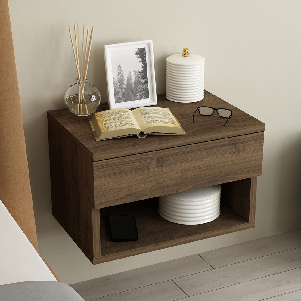 Ribero Wooden Wall Hung Bedside Cabinet in Walnut