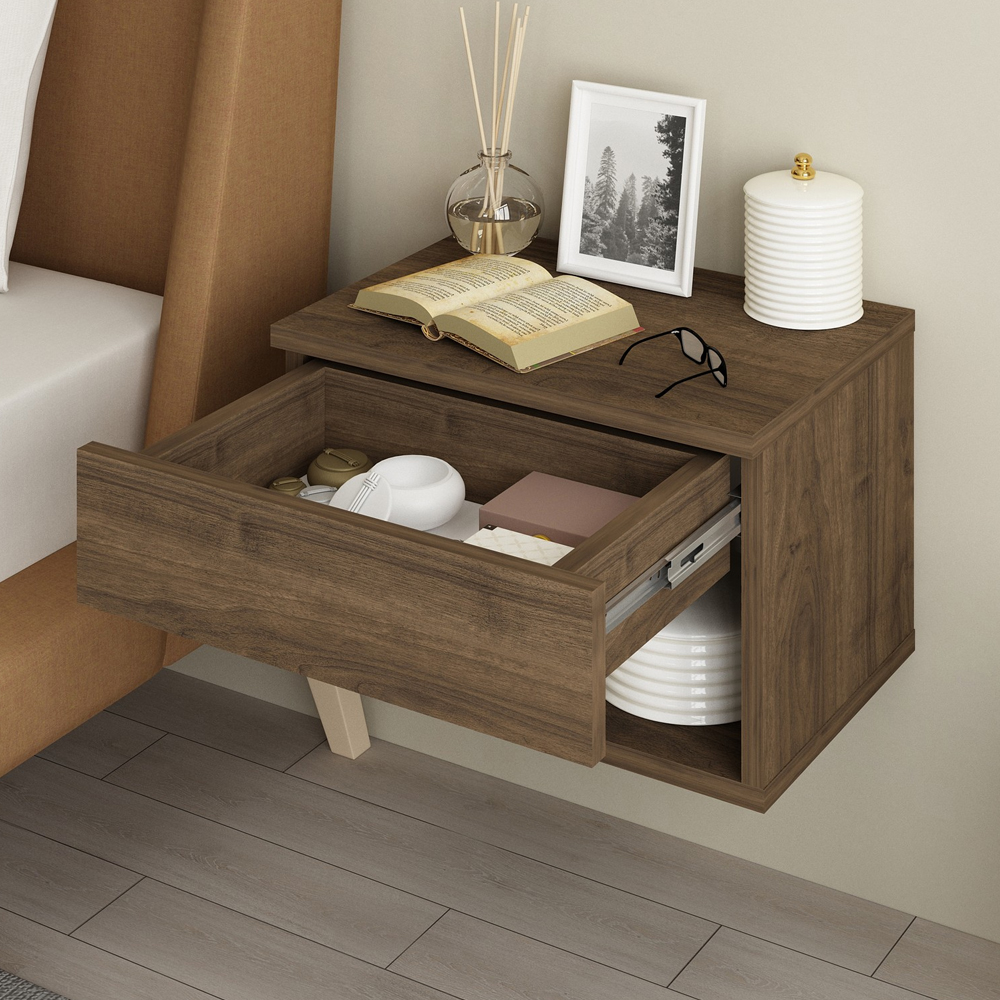 Ribero Wooden Wall Hung Bedside Cabinet in Walnut