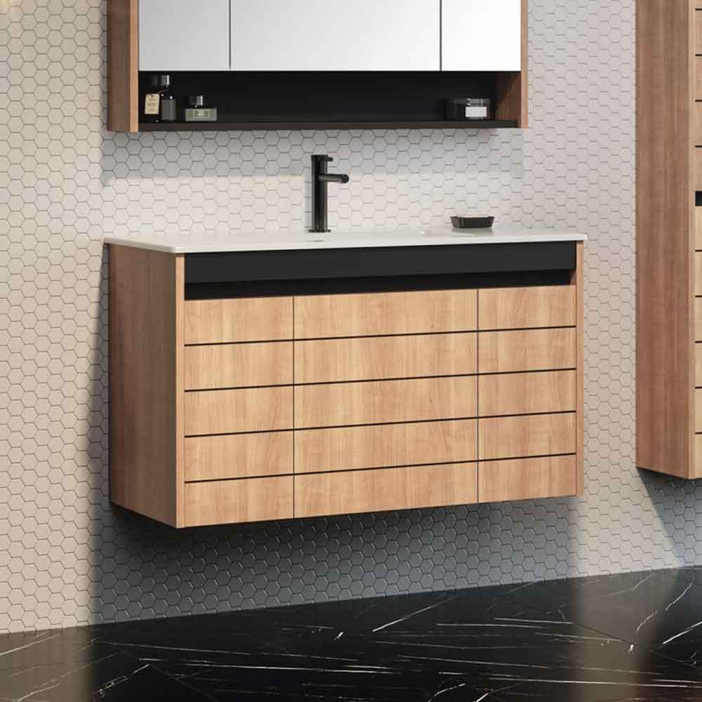 Ricato 1010mm Wooden Wall Mounted Vanity Unit & Basin with 3 Doors in Walnut