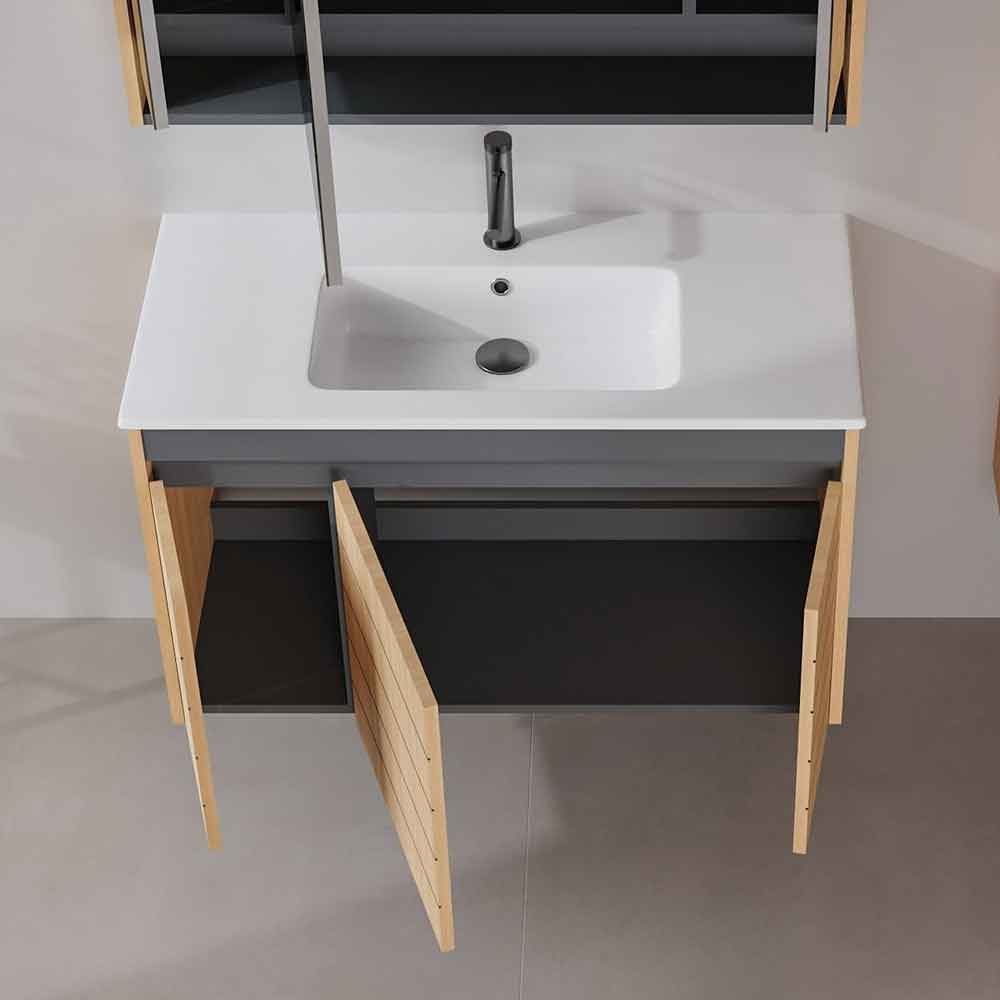 Ricato 1010mm Wooden Wall Mounted Vanity Unit & Basin with 3 Doors in Walnut