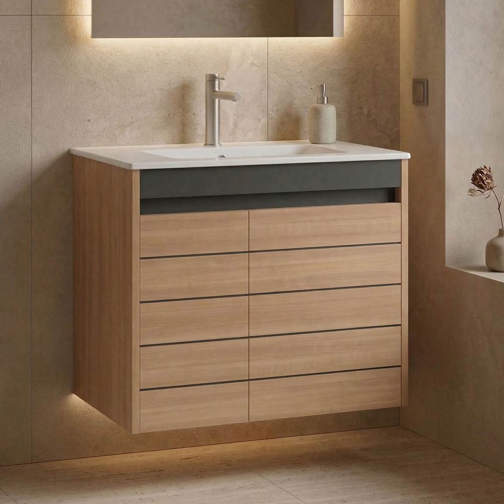 Ricato 810mm Wooden Vanity Unit & Basin with 2 Doors in Walnut