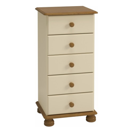 Photo of Richland narrow wooden chest of 5 drawers in cream and pine