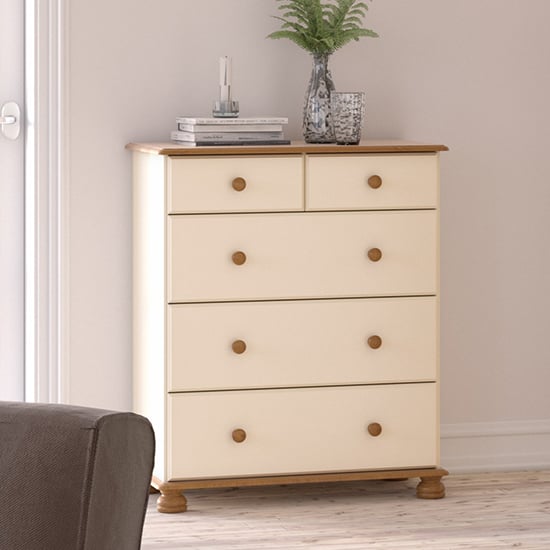 Richmond Wooden Chest Of 5 Drawers In Cream And Pine FiF