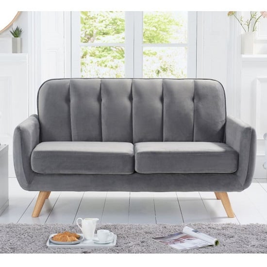 Rickey Velvet Two Seater Sofa In Grey With Solid Wood Legs_2
