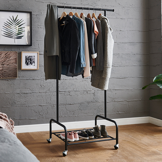 Photo of Ridgefield metal clothes storage stand on castors in matt black