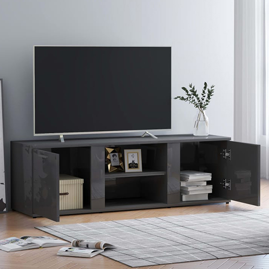 Ridhan High Gloss TV Stand With 2 Doors In Grey_2