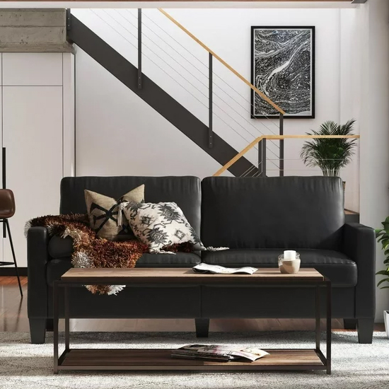Riga Faux Leather 2 Seater Sofa With Wood Legs In Black