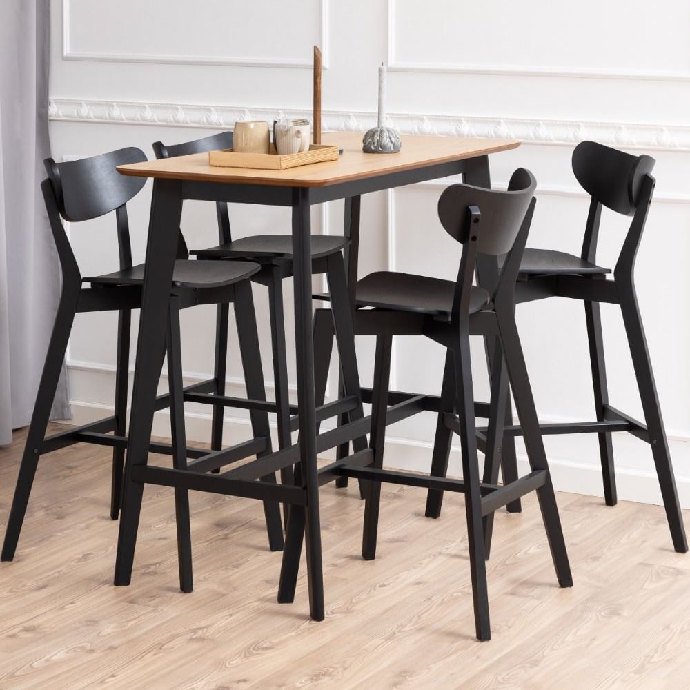 Riga Wooden Bar Table With 4 Black Stools In Oak