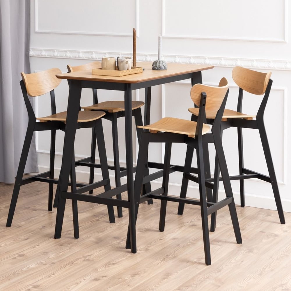 Riga Wooden Bar Table With 4 Stools In Black And Oak