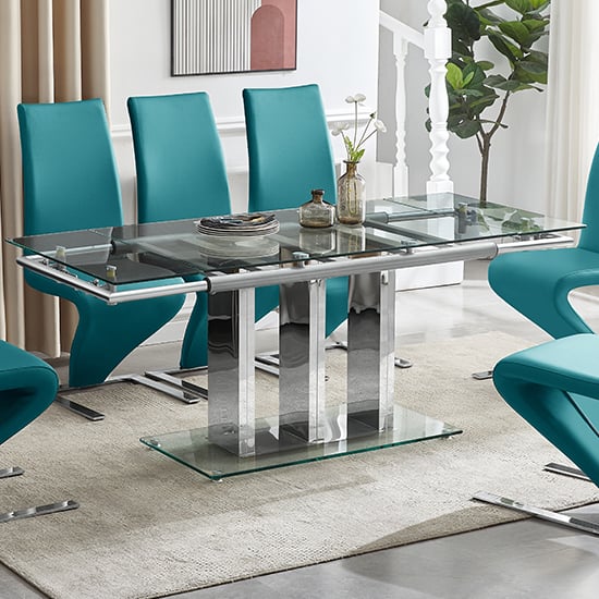 Rihanna Extending Clear Dining Table With 6 Demi Z Teal Chairs_2