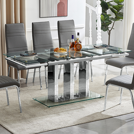 Rihanna Extending Clear Dining Table With 6 Dora Grey Chairs_2