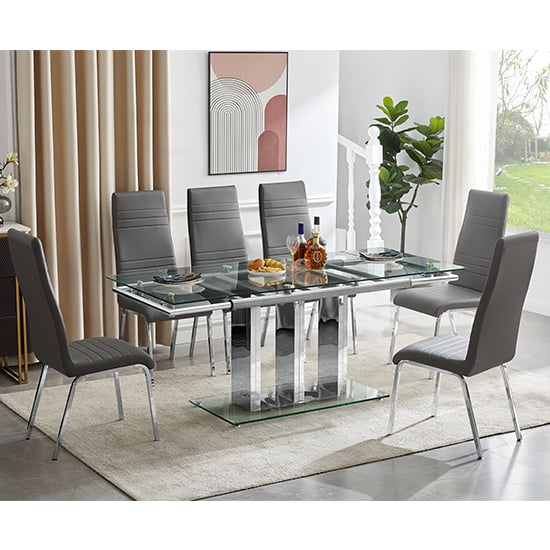 Product photograph of Rihanna Extending Clear Dining Table With 6 Dora Grey Chairs from Furniture in Fashion