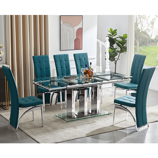 Product photograph of Rihanna Extending Clear Dining Table With 6 Ravenna Teal Chairs from Furniture in Fashion