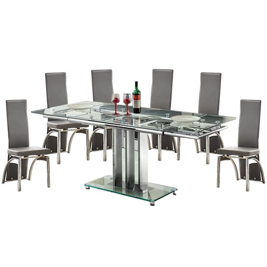 Product photograph of Rihanna Extending Glass Dining Table With 6 Romeo Grey Chairs from Furniture in Fashion