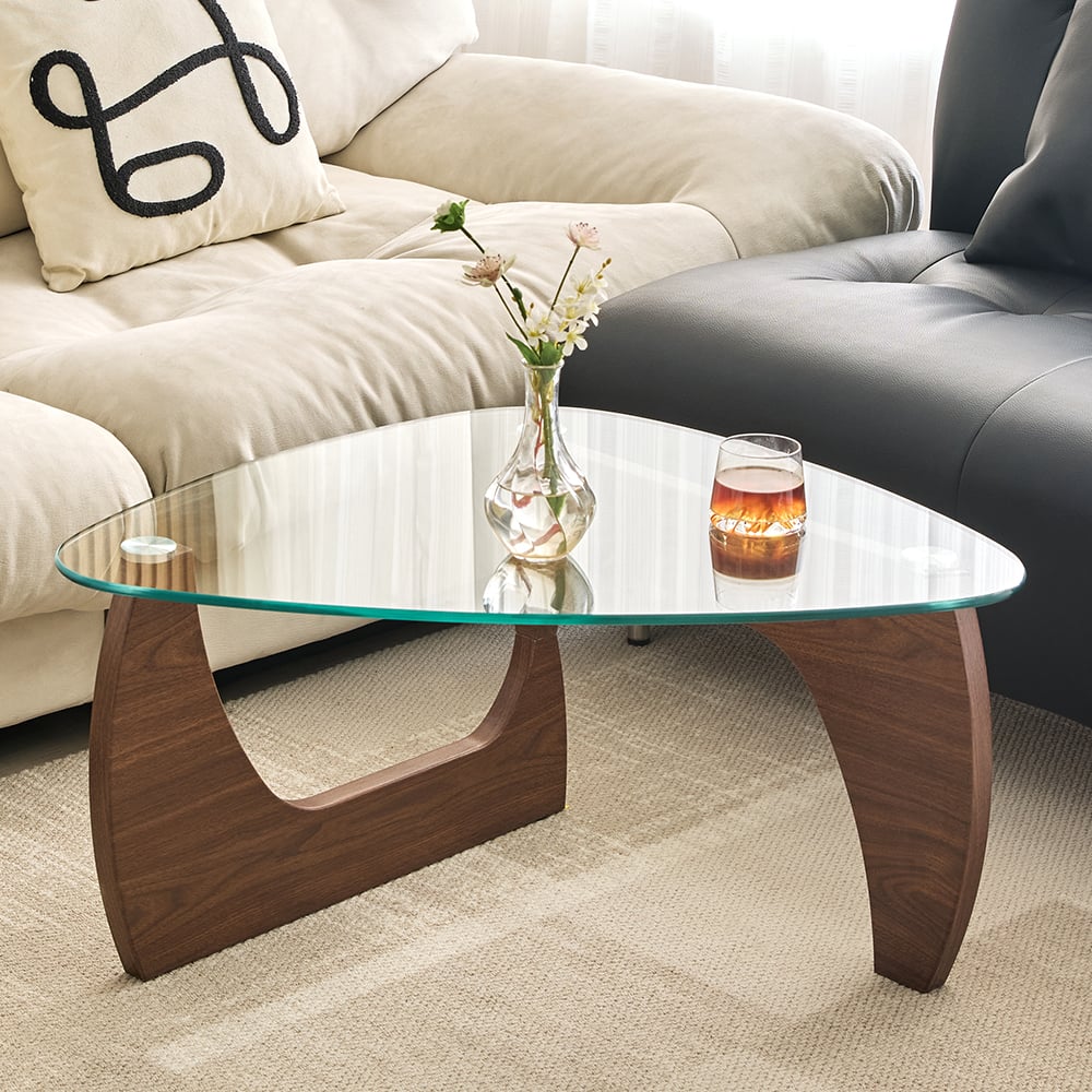 Rimdoc Clear Glass Coffee Table With Walnut Wooden Base