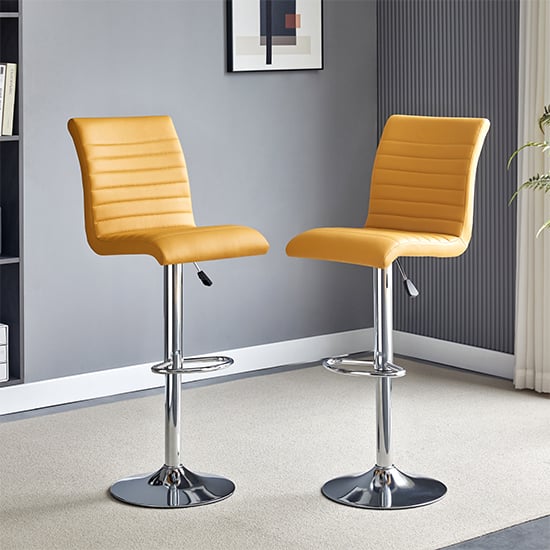 Ripple Curry Faux Leather Bar Stools With Chrome Base In Pair