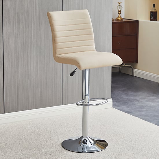 Product photograph of Ripple Faux Leather Bar Stool In Taupe With Chrome Base from Furniture in Fashion