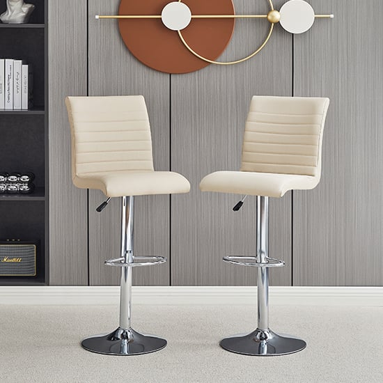 Photo of Ripple taupe faux leather bar stools with chrome base in pair