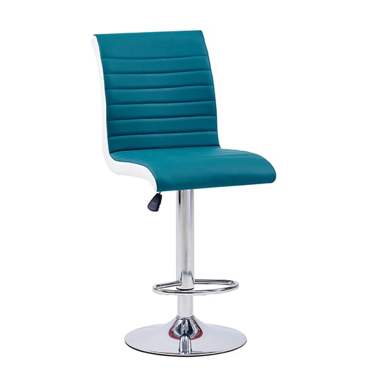 Photo of Ritz faux leather bar stool in teal and white with chrome base