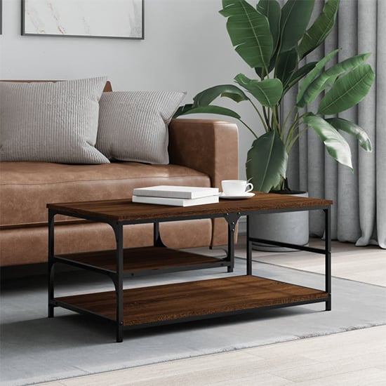 Product photograph of Rivas Wooden Coffee Table With 2 Shelves In Brown Oak from Furniture in Fashion