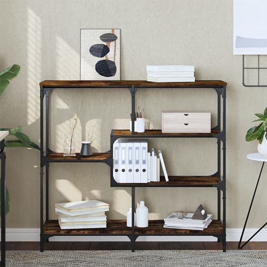 Product photograph of Rivas Wooden Console Table With 4 Shelves In Smoked Oak from Furniture in Fashion