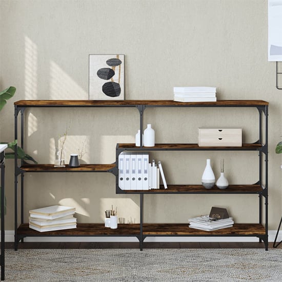 Read more about Rivas wooden console table wide with 4 shelves in smoked oak