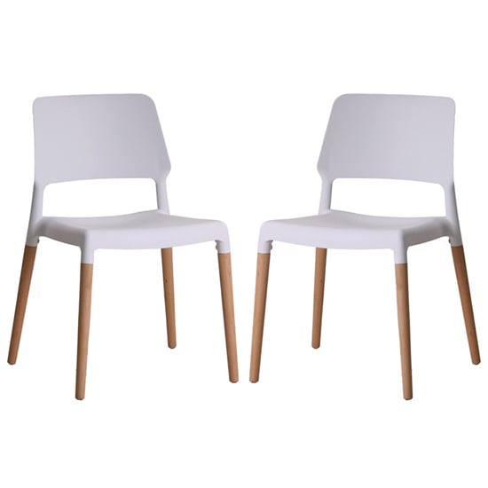 Read more about Rivera white plastic dining chairs with beech legs in pair