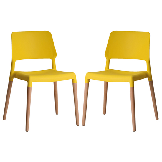 Photo of Rivera yellow plastic dining chairs with beech legs in pair