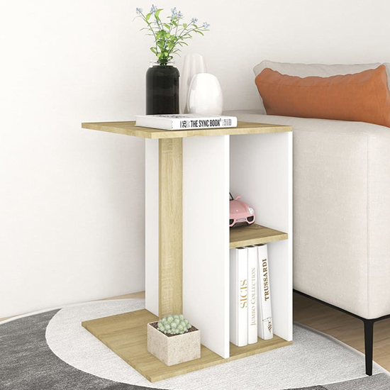 Rivka Wooden Side Table With 2 Shelves In White And Sonoma Oak_2