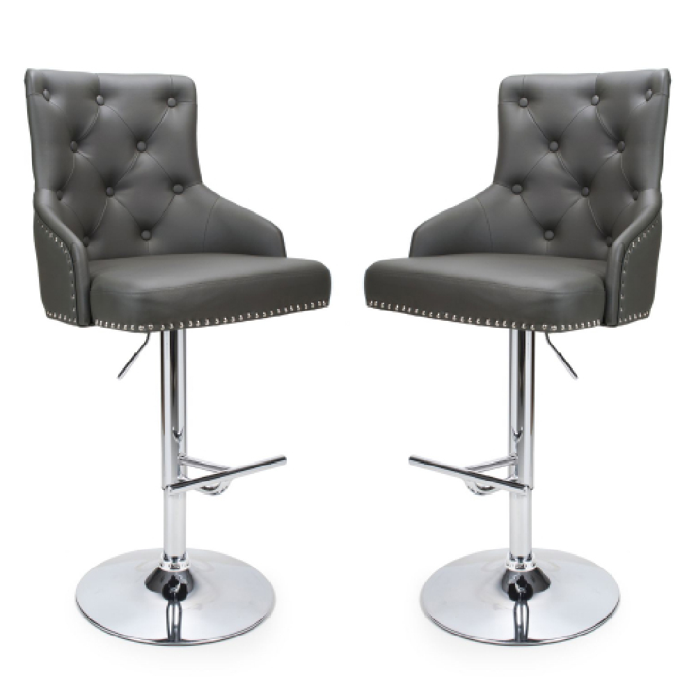 Read more about Rivne graphite grey leather bar stools with chrome base in pair