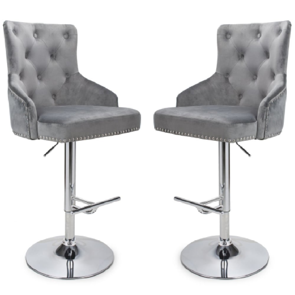 Read more about Rivne grey velvet bar stools with chrome base in pair