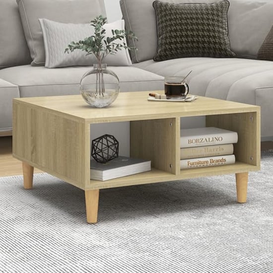 Read more about Riye wooden coffee table with 2 shelves in white and sonoma oak