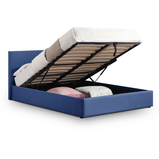 Riyeko Linen Fabric Lift Up Storage Double Bed In Dark Blue