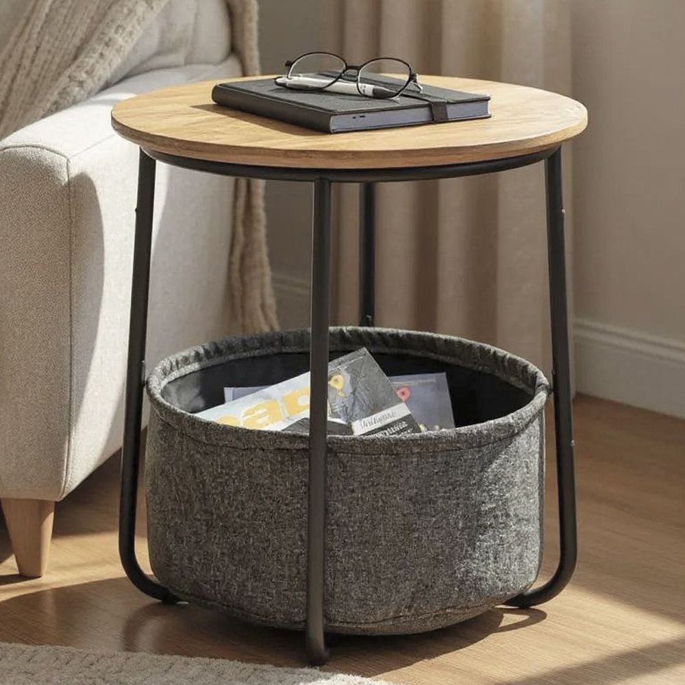 Roanoke Wooden End Table With Black Metal Frame In Grey And Oak