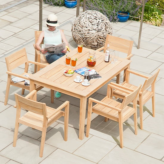 Photo of Robalt 1500mm dining table with 6 stacking chairs in natural