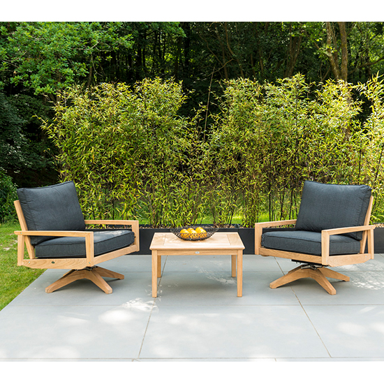 Read more about Robalt wooden swivel lounge chairs with coffee table in natural