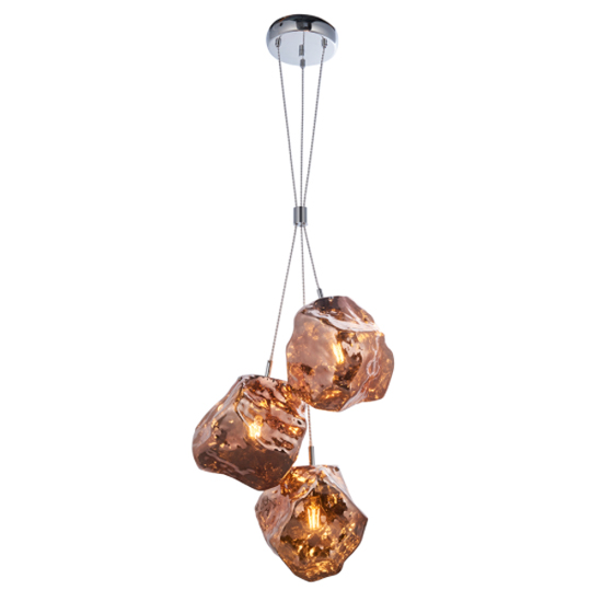 Rock 3 Lights Copper Glass Shade Pendant Light In Chrome