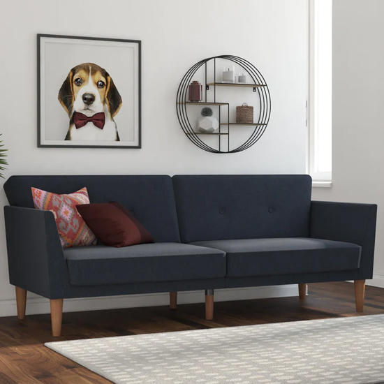 Read more about Rockingham fabric sofa bed with wooden legs in blue