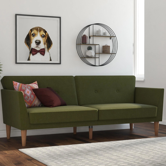 Read more about Rockingham fabric sofa bed with wooden legs in green