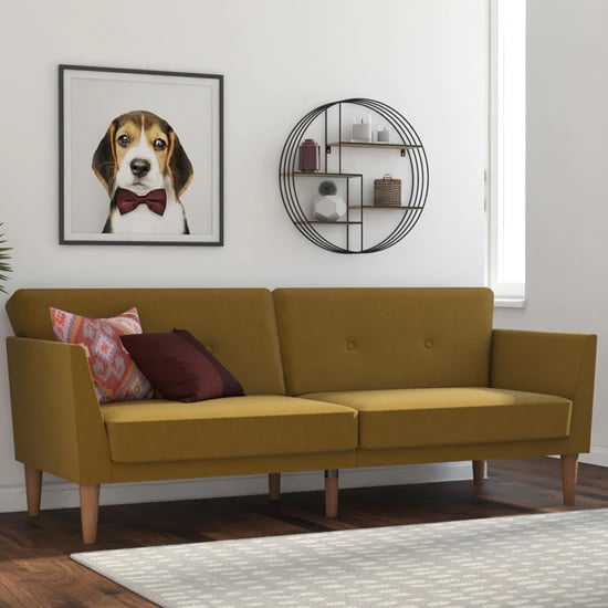 Read more about Rockingham linen fabric sofa bed with wooden legs in mustard
