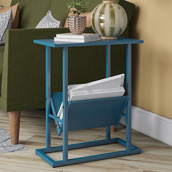 Photo of Rockingham wooden end table with magazine rack in blue