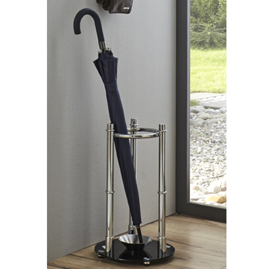 Read more about Rockland metal umbrella stand in chrome with black glass base