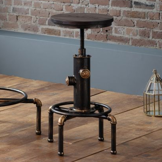 Product photograph of Raewyn Pipework Bar Stool In Brushed Copper And Rustic Elm from Furniture in Fashion