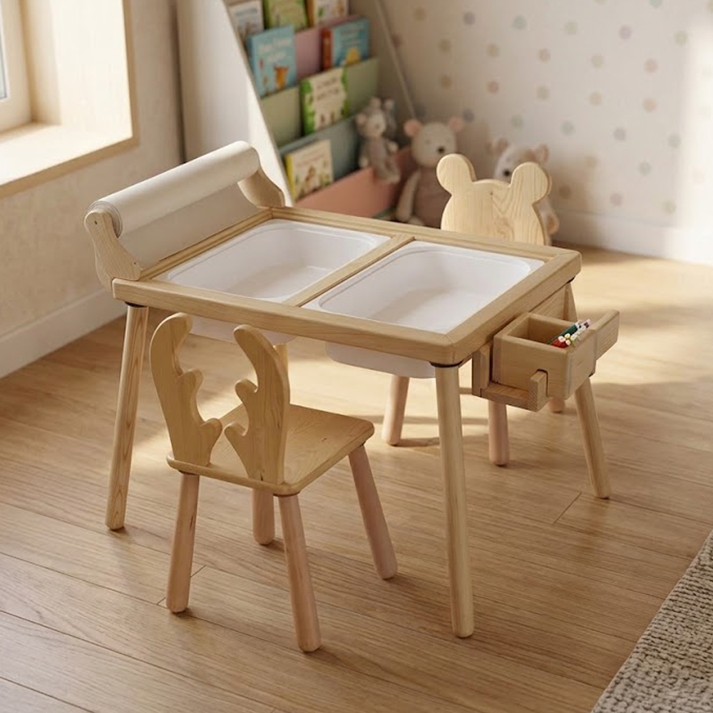Roll Pine Kids Table with 2 Chairs in White and Oak