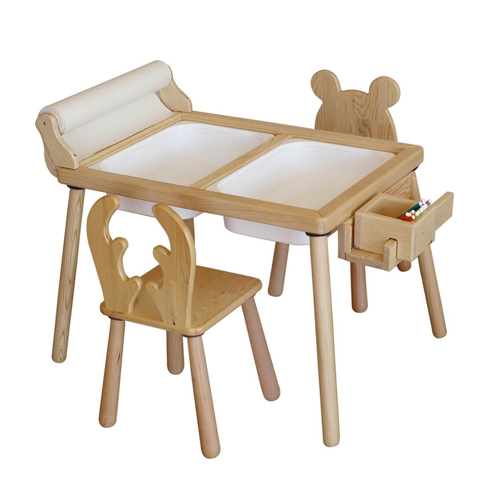 Roll Pine Kids Table with 2 Chairs in White and Oak