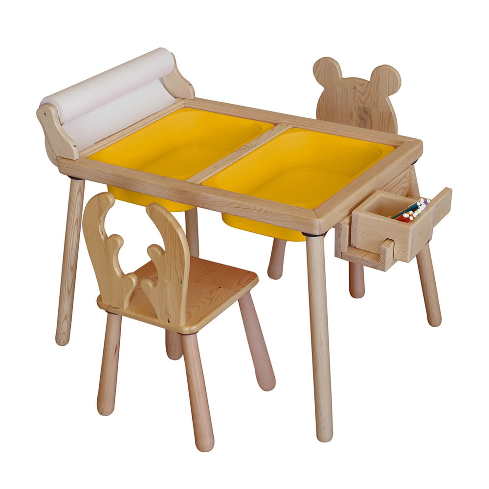 Roll Pine Kids Table with 2 Chairs in Yellow and Oak