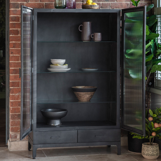 Rolla Metal Display Cabinet With 2 Doors 2 Drawers In Dark Grey