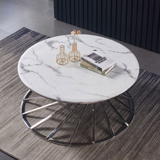 Romani White Grey Marble Coffee Table With Silver Steel Base